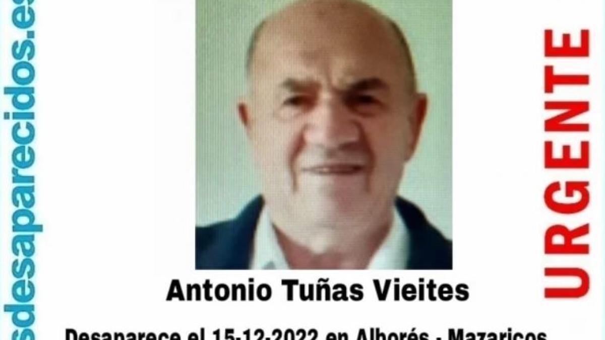Cartel de búsqueda de Antonio Tuñas Vieites, de 72 años