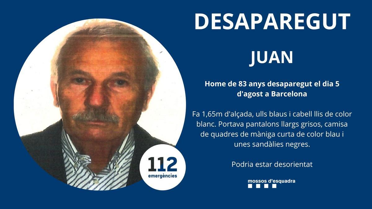 El aviso que los Mossos d'Esquadra han difundido para tratar de localizar a Juan.