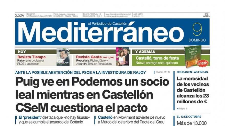 Puig ve en Podemos un socio leal mientras en Castellón CSeM cuestiona el pacto, hoy en la portada de Mediterráneo