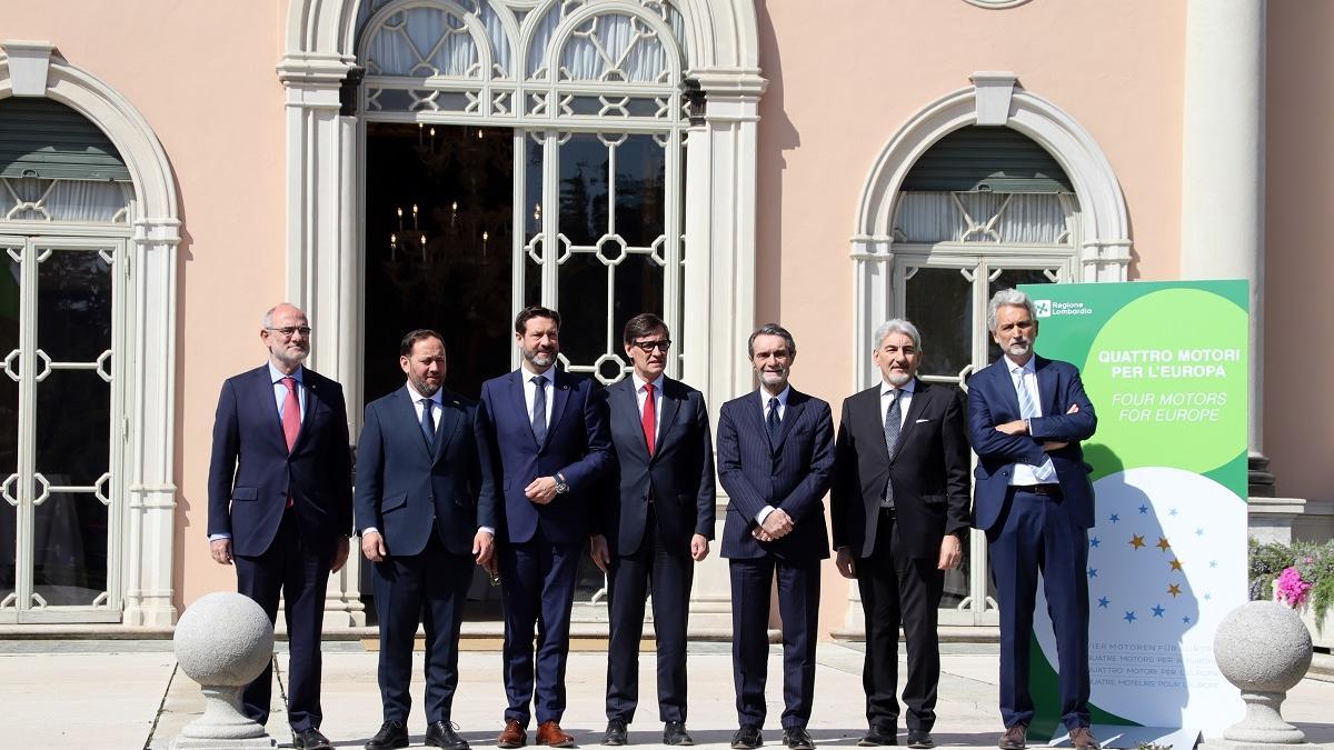 El president de la Generalitat, Salvador Illa, durante el acto en que Catalunya ha asumido la presidencia de los Cuatro Motores para Europa
