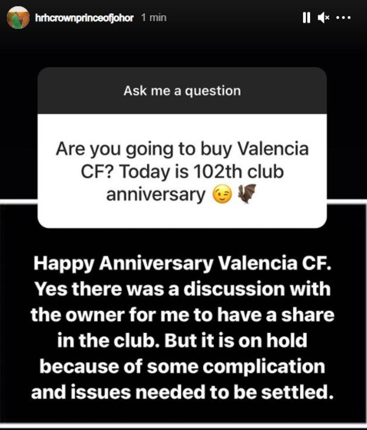 ¿Va a comprar el Valencia CF? El príncipe de Johor responde