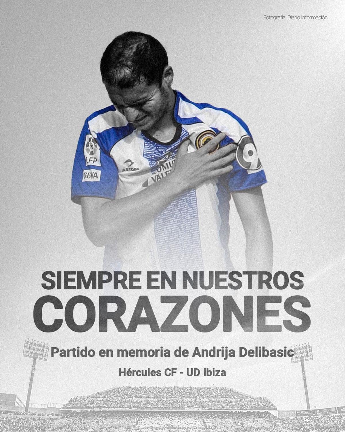 Cartela de la presentación del Hércules-UD Ibiza como partido en memoria de Andrija Delibasic.
