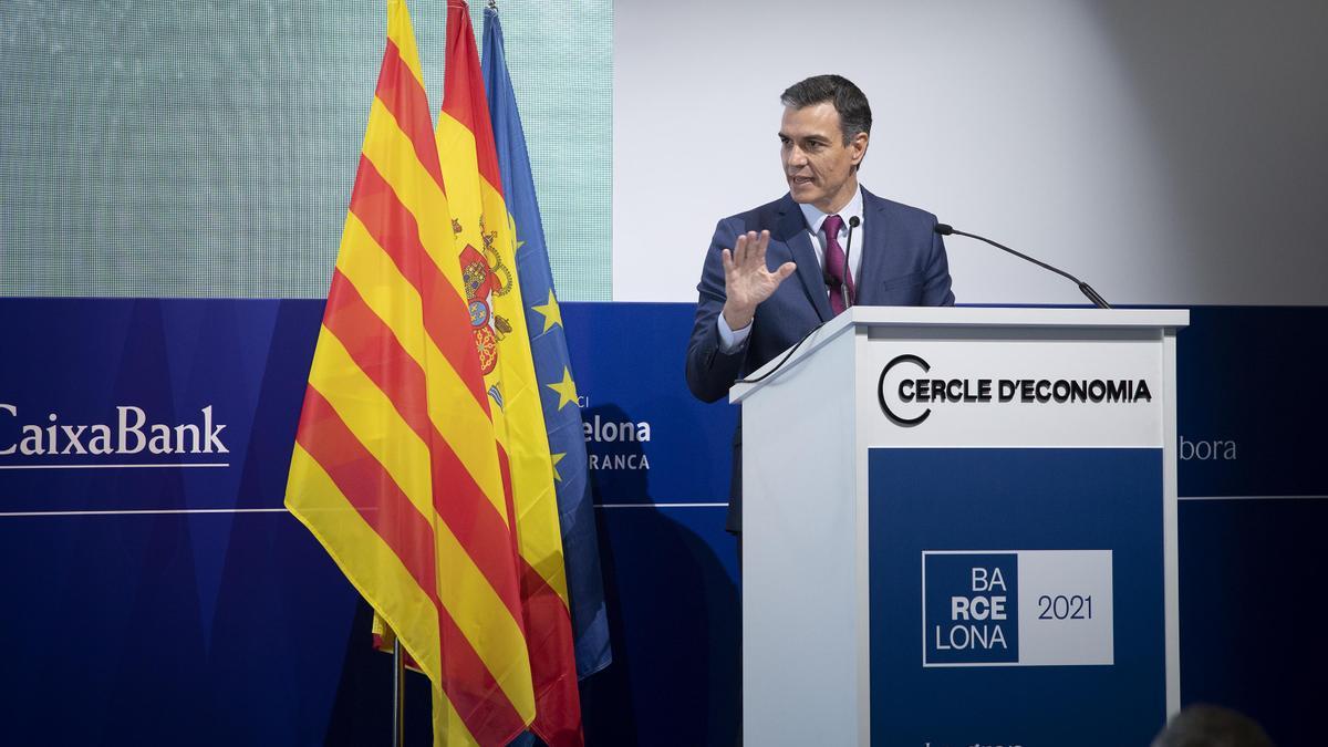 El presidente del Gobierno, Pedro Sánchez, durante su intervención en la clausura de la XXXVI reunión del Cercle d'Economia, este 18 de junio de 2021 en el hotel W de Barcelona.