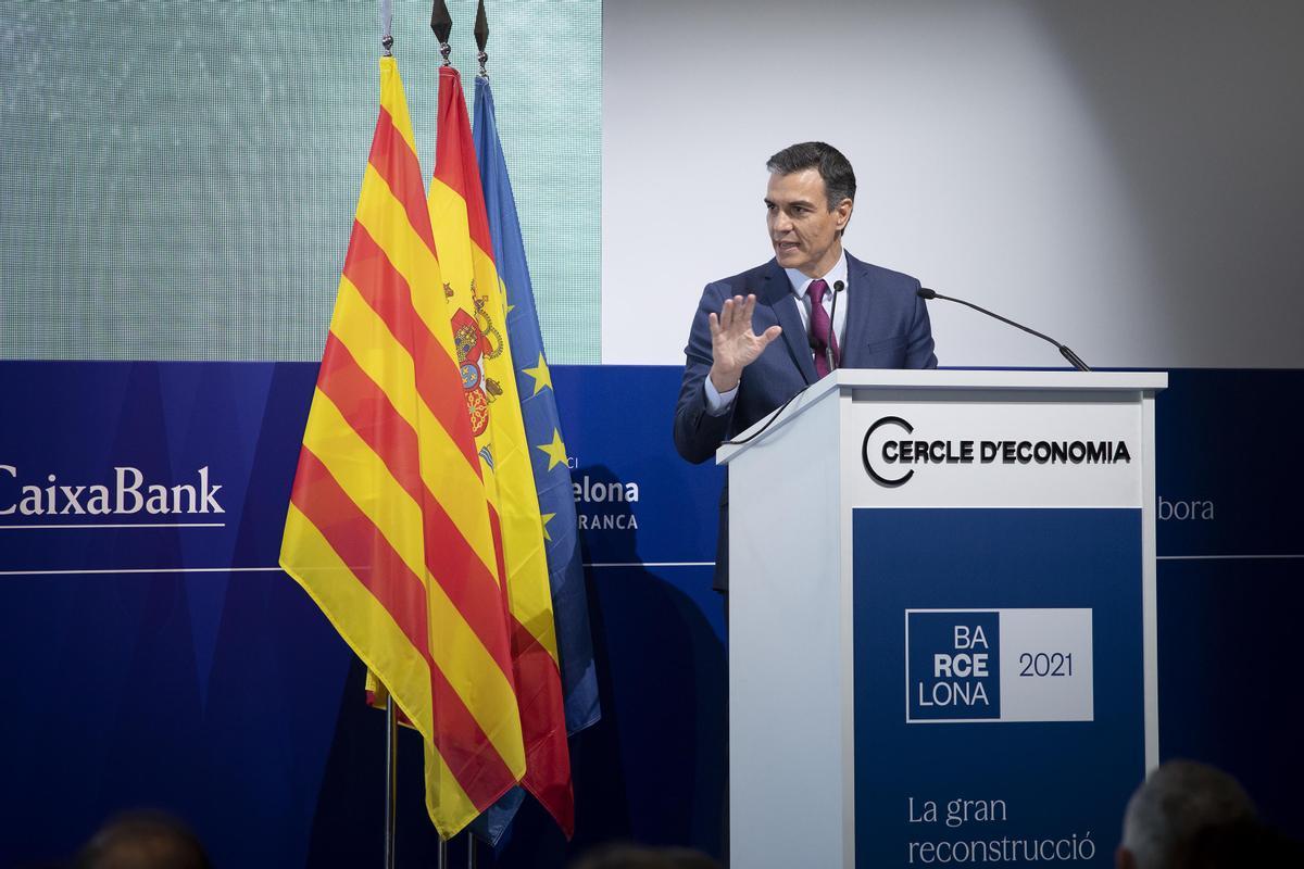 El presidente del Gobierno, Pedro Sánchez, durante su intervención en la clausura de la XXXVI Reunión del Cercle d’Economia, este 18 de junio en el hotel W de Barcelona. 