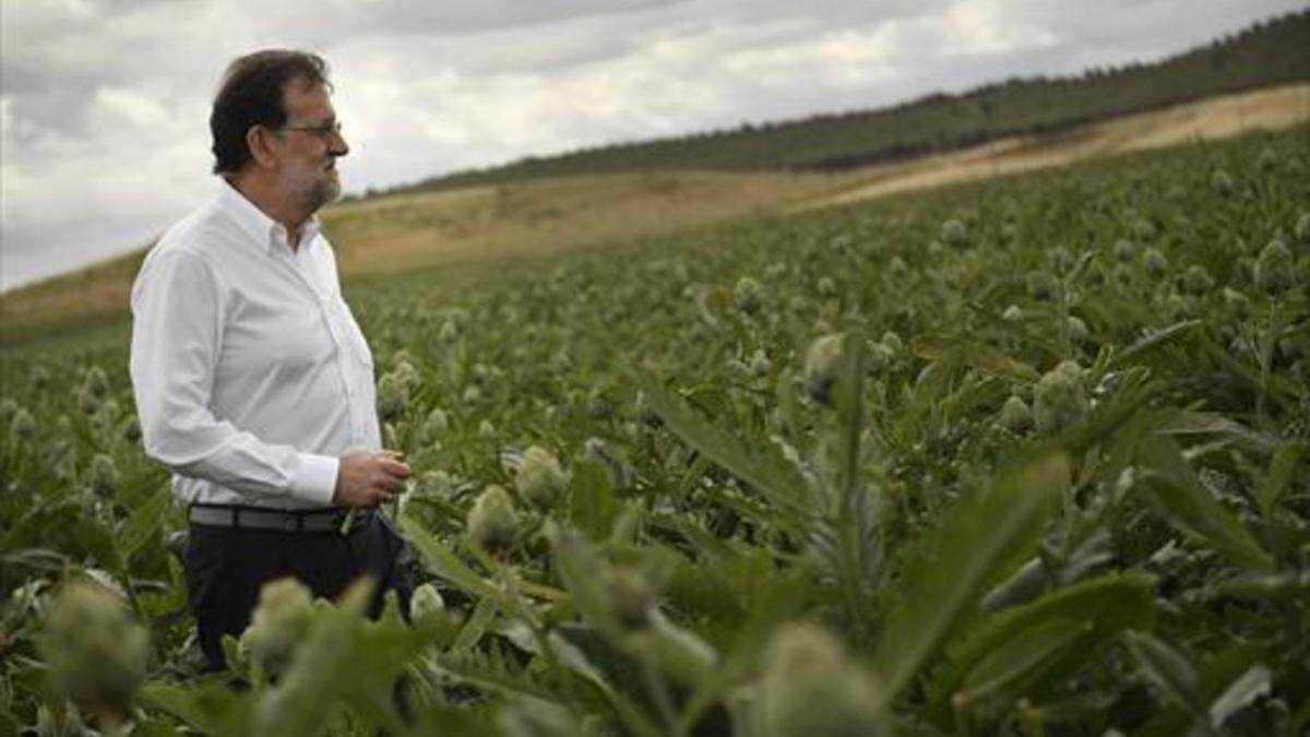 Mariano Rajoy, en una visita que realizó el miércoles a una plantación de alcachofas de Tudela (Navarra).