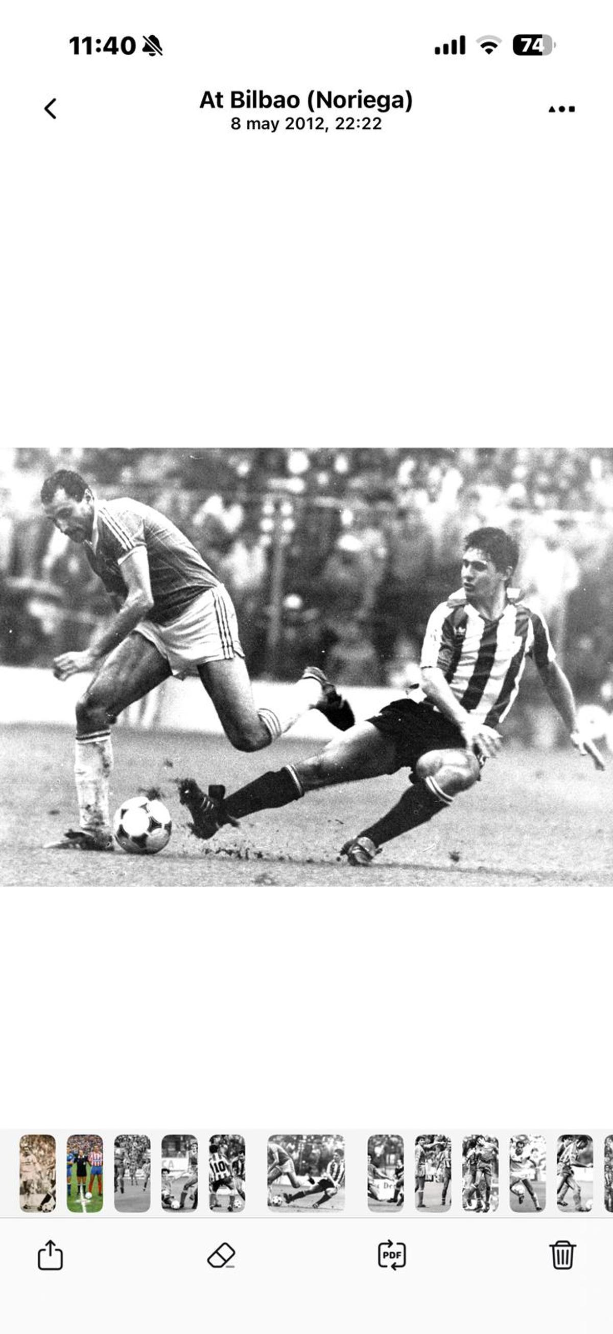 Joaquín, ante Urrutia, en el partido del Sporting en Bilbao durante la temporada 1984-85.