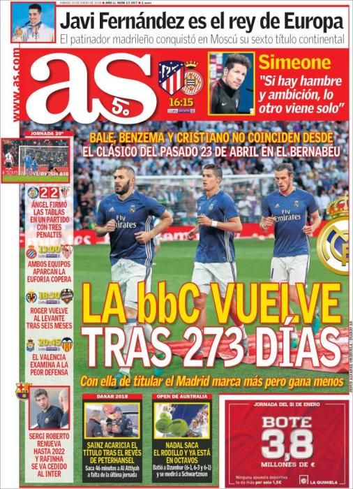 Portadas deportivas sábado 20 de enero de 2018