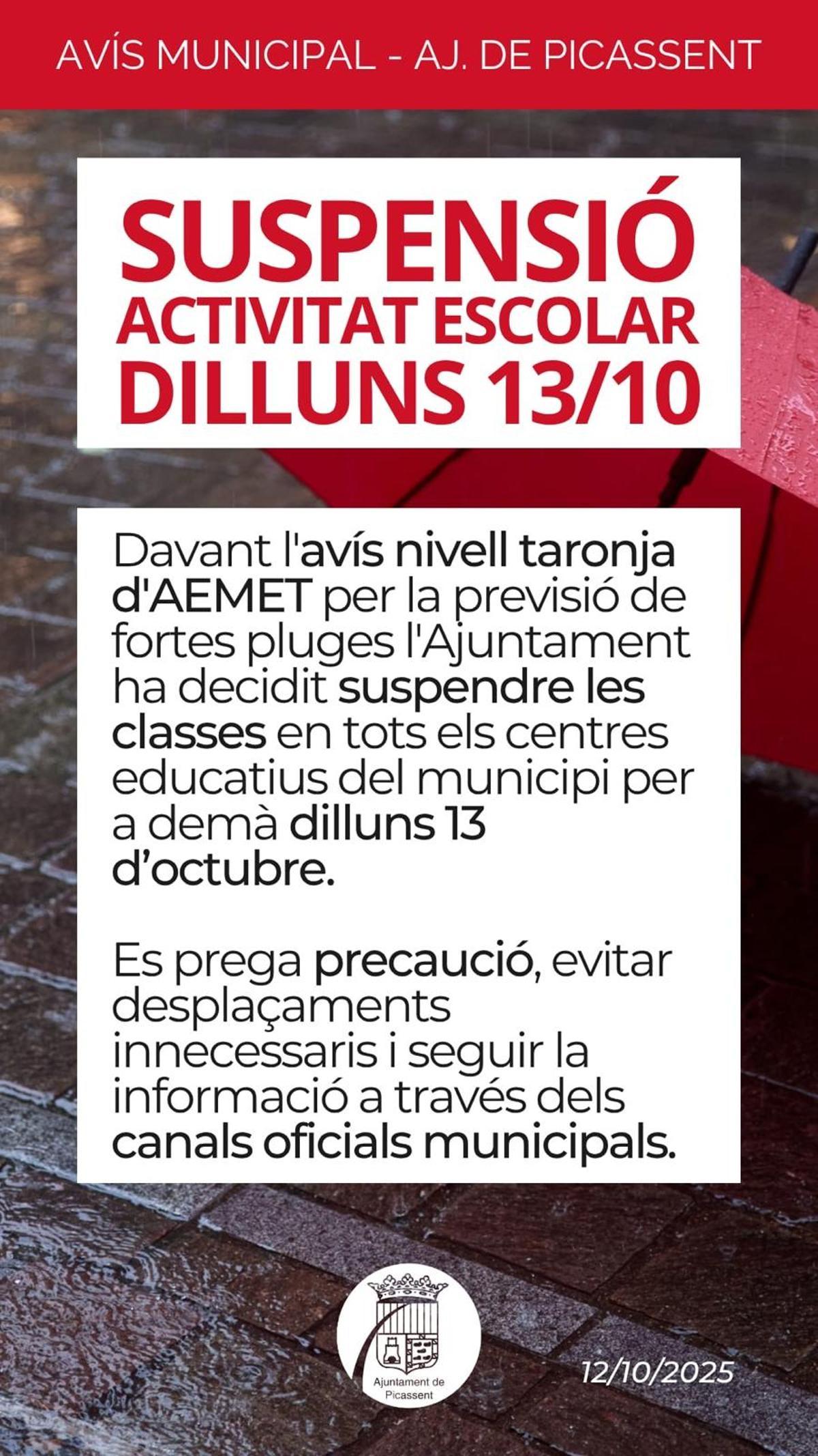 Picassent suspende las clases.