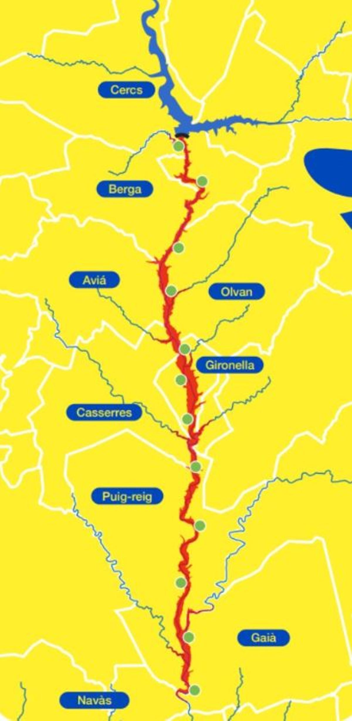 En verd, els punts on s'han instal·lat les alarmes i en taronja, la zona amb un major risc d'inundació