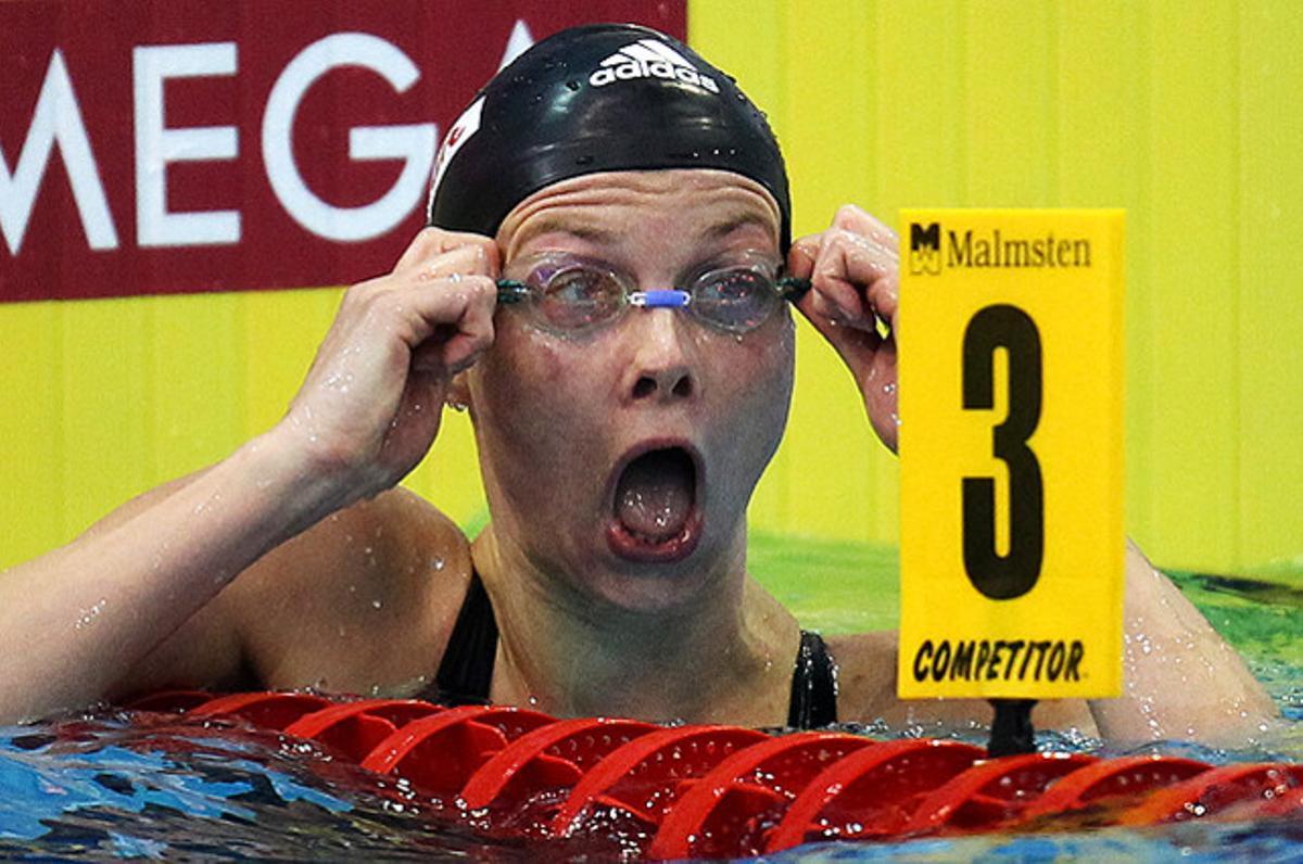 L’alemanya Britta Steffen, després de guanyar la prova de 100 metres lliures al Campionat Europeu de Natació, a Debrecen (Hongria).