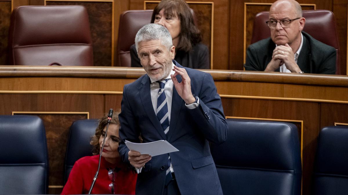 El ministro del Interior, Fernando Grande-Marlaska, interviene durante la sesión plenaria en el Congreso de los Diputados.