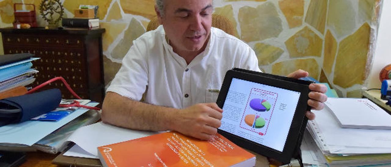 El médico Sergio Sánchez muestra algunos datos de su tesis en su consulta de la capital grancanaria.