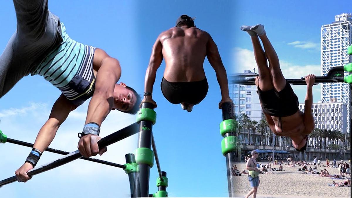 Esportistes urbans, al circuit per entrenar-se amb vistes al mar de l’Espigó del Gas, a la Barceloneta.
