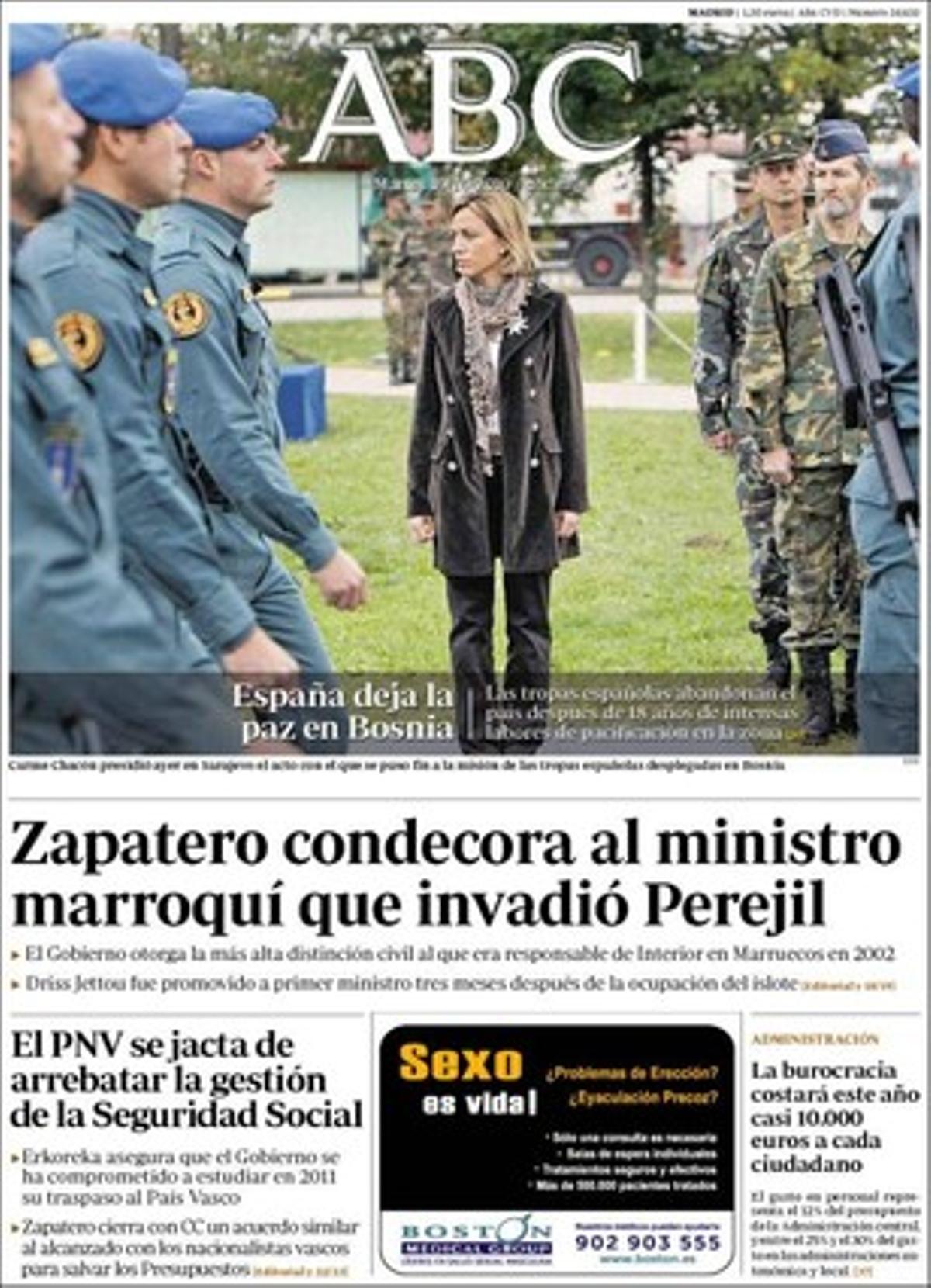 A dins, ’Abc’ ressalta que Mohammad VI no veu el moment d’enviar el seu nou ambaixador del Marroc a Espanya, que Emilio Botín diu que Rodrigo Rato ha estat el millor ministre de la democràcia i que José María Aznar ha fitxat per una associació per estudiar el canvi climàtic, Adaptació Global, que és una resposta de la indústria a Kyoto.