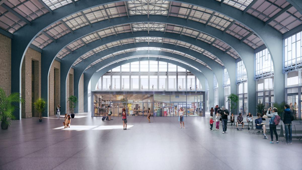 REPRESENTACION VIRTUAL DE LA REMODELACION DE LA ESTACION DE TRENES DE SAN CRISTOBAL (A CORUÑA). NUEVO VESTIBULO. ESTACION DE FERROCARRIL. RECREACION. INFOGRAFIA