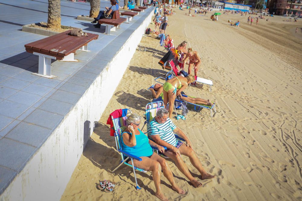 Las inusuales altas temperaturas han animado en los últimos días la afluencia a las playas de la Vega Baja. Aquí imágenes de la playa del Cura en Torrevieja.