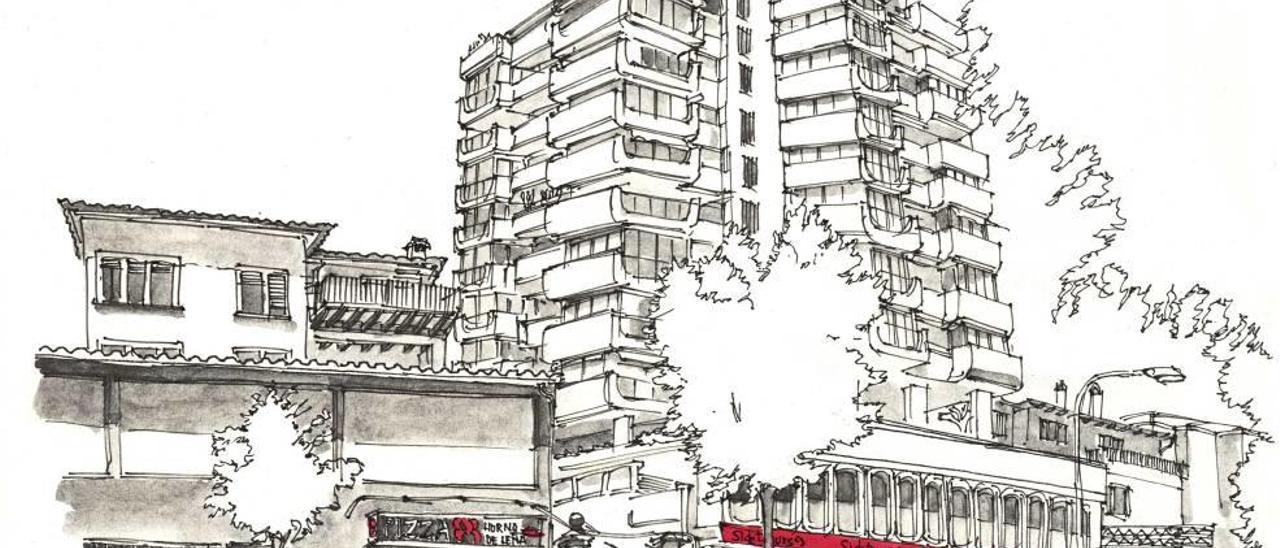 Dibujo de Feliu Renom sobre un edificio que le atrae con sus &quot;cajones superpuestos&quot;.