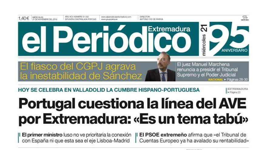 Esta es la portada de EL PERIÓDICO EXTREMADURA correspondiente al día 21 de noviembre del 2018