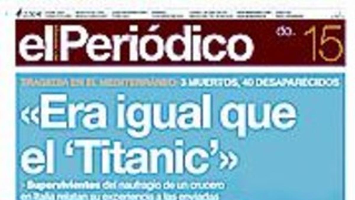 El 'Costa Concordia', en la isla de Giglio , hace dos semanas. Abajo, EL PERIÓDICO del pasado  15 de enero.