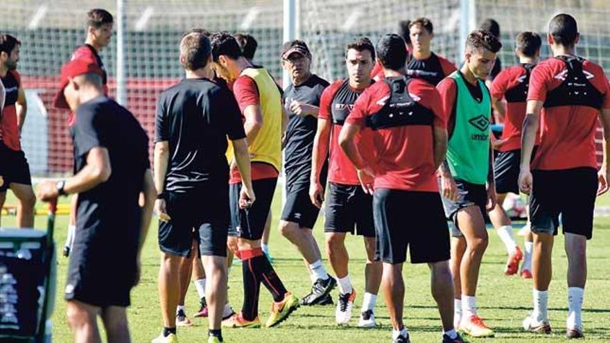 El entrenador Fernando Vázquez observa a sus pupilos durante el entrenamiento del jueves en Son Bibiloni.