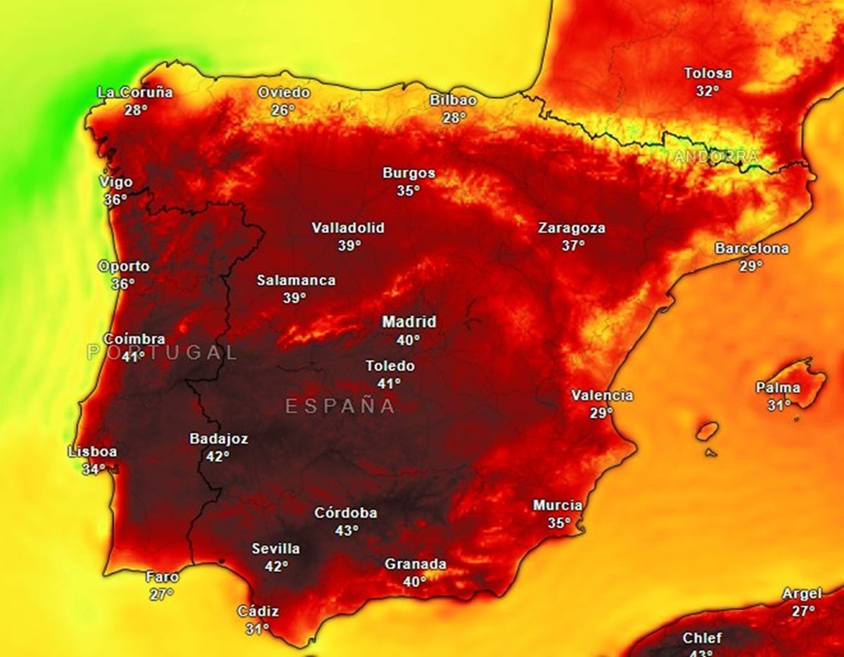Mapa de calor con la previsión de máximas del 4 de agosto de 2025.
