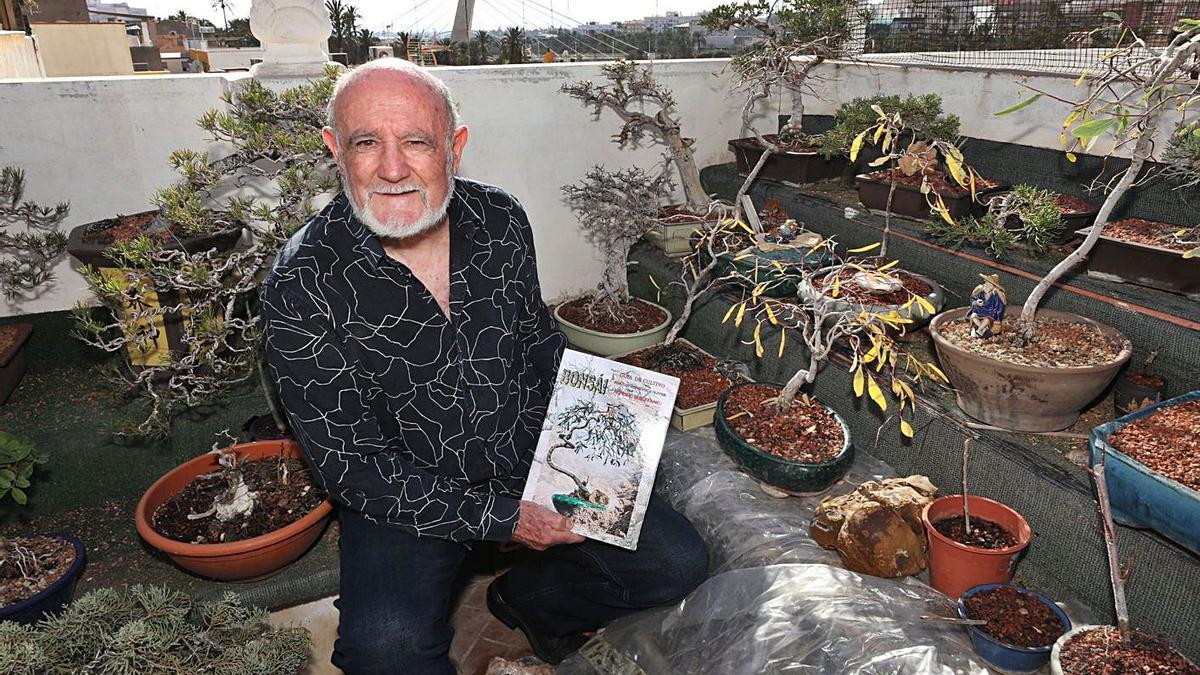 Pepe Ferrando, con su nuevo libro, rodeado de bonsáis en su terraza de El Raval.  |