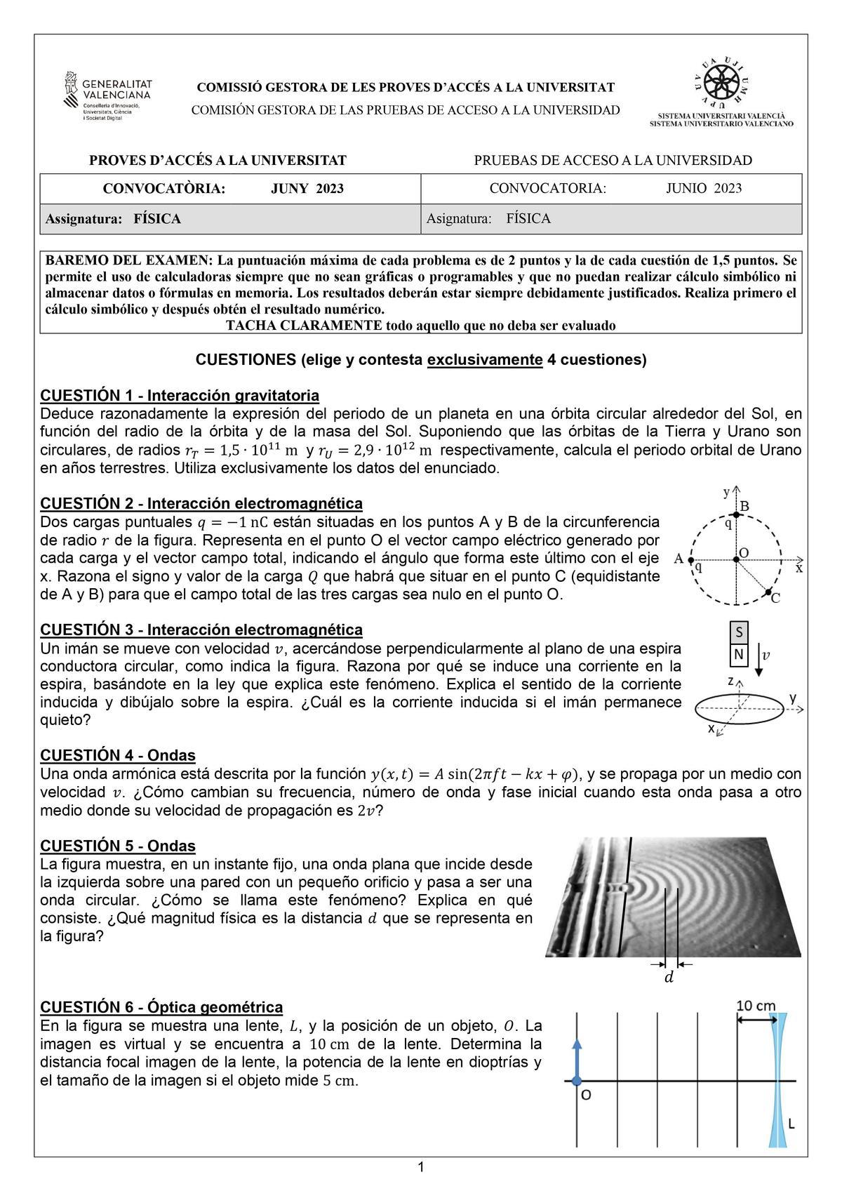 Modelo de examen de Física