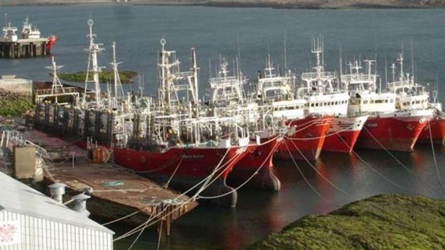 Seis de los siete barcos de Vieira Argentina, amarrados en Puerto Deseado.  // Capitanes de Pesca