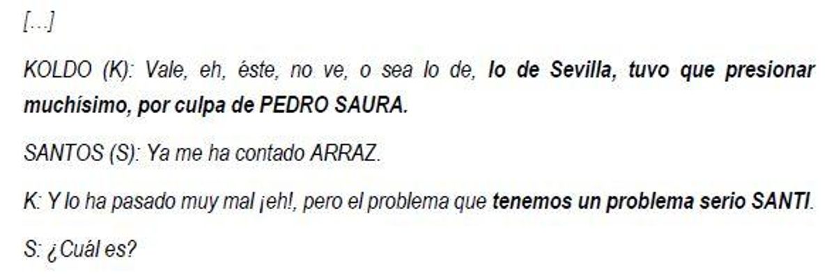 Extracto de una conversación entre Koldo García y Santos Cerdán sobre Pedro Saura.