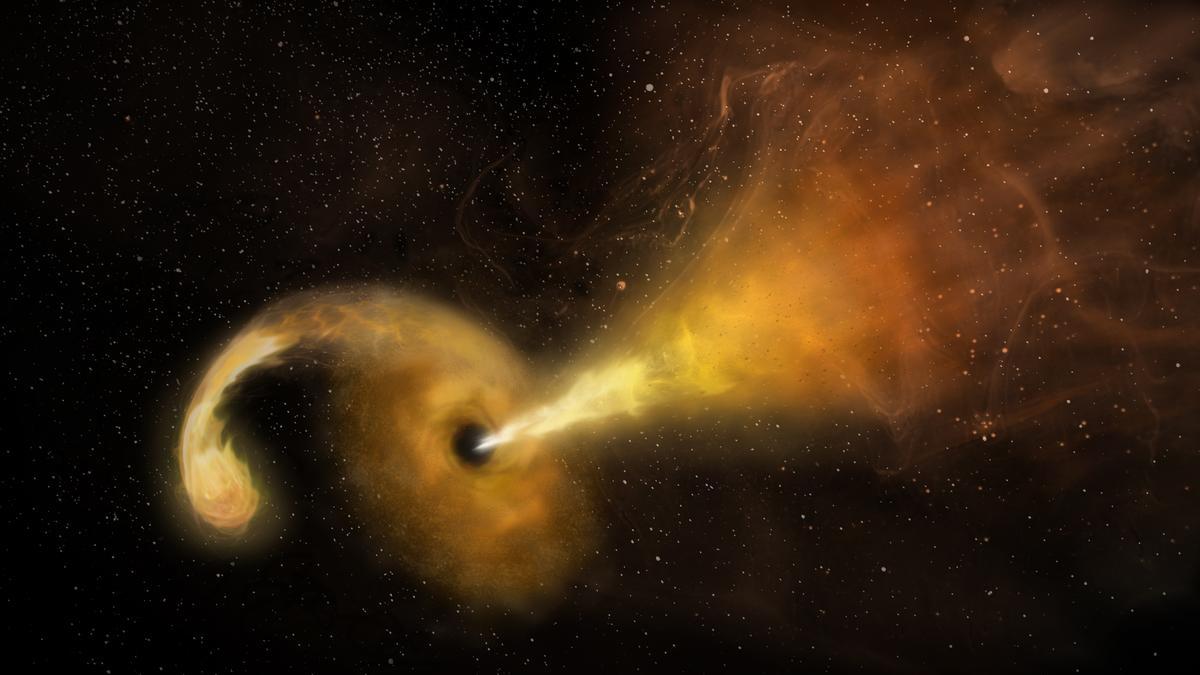 Recreación artística. La estrella se acerca demasiado. La mitad de la estrella es expulsada del sistema, y la otra mitad es arrastrada hacia el agujero negro, que responde eyectando ese material en forma de chorro.