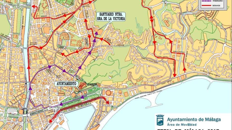 Mapa de desvíos de tráfico para la mañana del sábado con la Romería al Santuario de la Victoria.