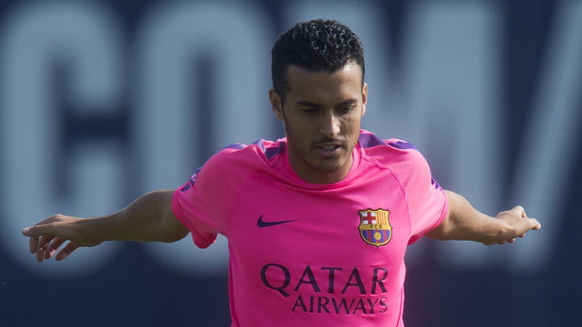 Pedro Rodríguez, durante un entrenamiento en la ciudad deportiva del Barça