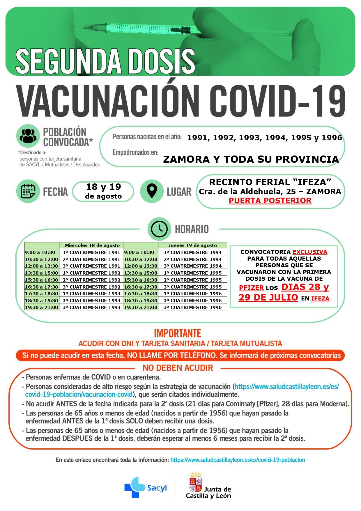 Calendario de vacunación para los días 18 y 19 de agosto.