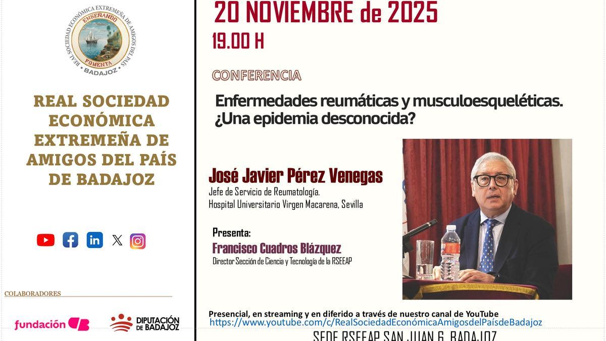Cartel de la conferencia de José Javier Pérez Venegas en la RSEEAP de Badajoz