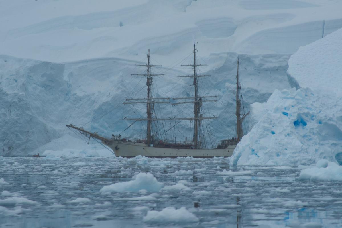 Un barco navega junto a la costa antártica.