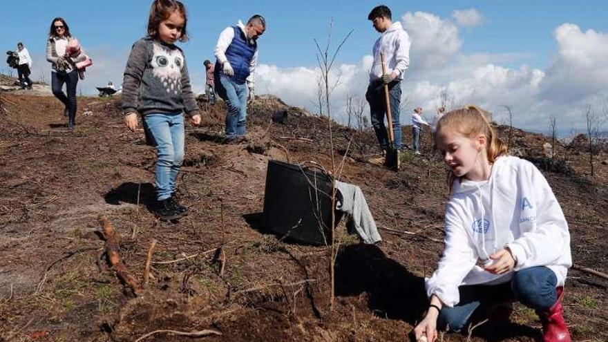 Los más pequeños también ayudaron ayer en la reforestación. // J.L.