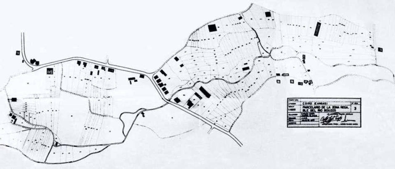 Plano das zonas regables do río Bouzós, en Coiro, no ano 1977.