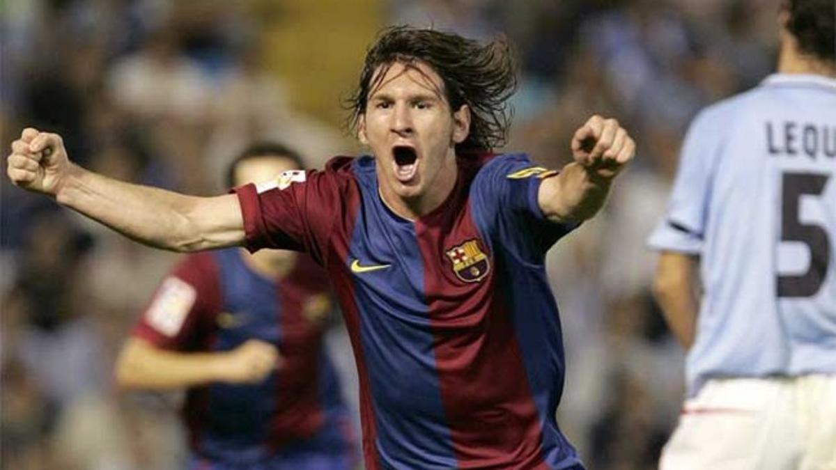 Leo Messi celebra su gol en el Celta-Barça de la Liga 2005-06