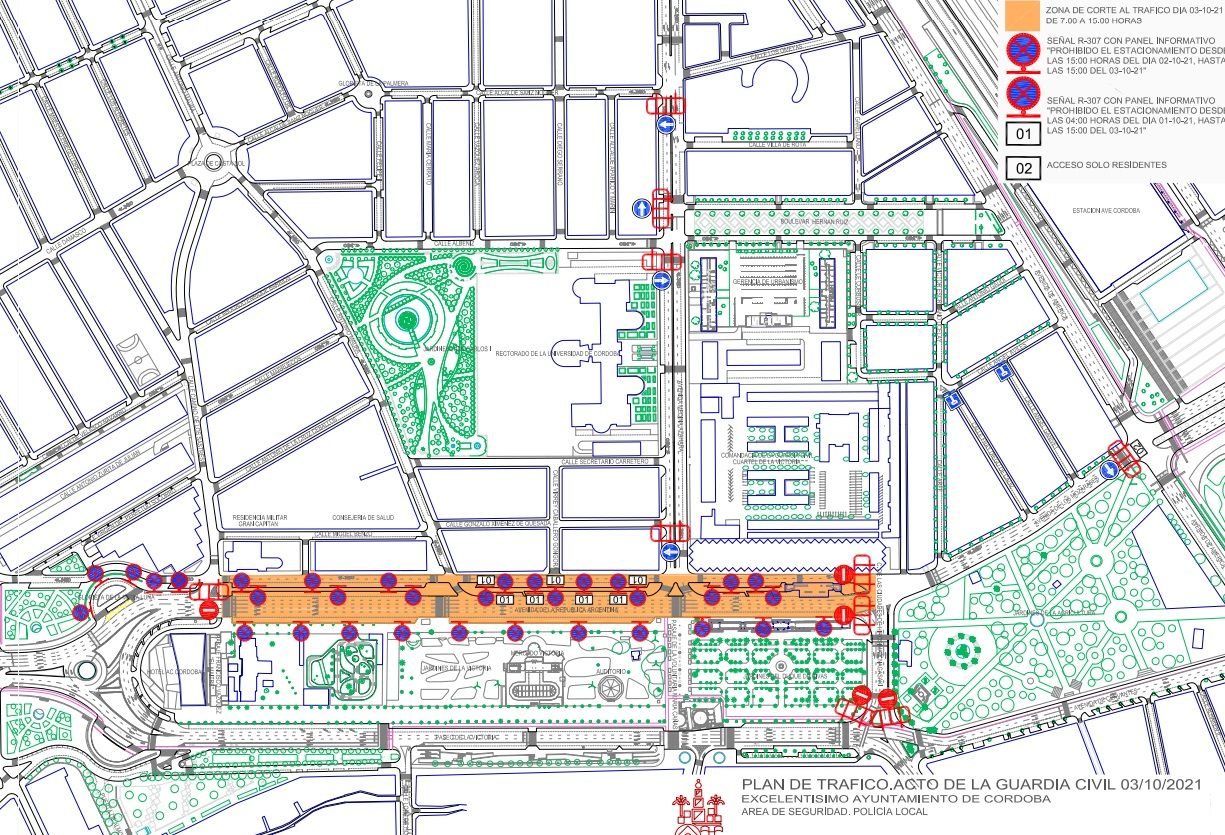 Mapa con las restricciones al tráfico y aparcamientos con motivo del desfile de la Guardia Civil el domingo 3 de octubre en Córdoba.