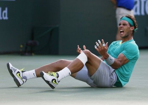 Nadal celebrates defeating Del Potro in the BNP Paribas Open ATP tennis tournament in California