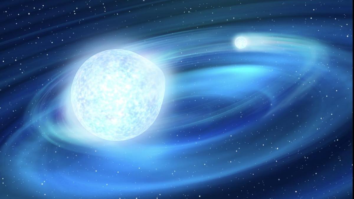 Imagen artística del sistema estelar binario TMTS J0526. La estrella más grande de la izquierda representa la estrella enana caliente y la más pequeña de la derecha representa la estrella enana blanca.