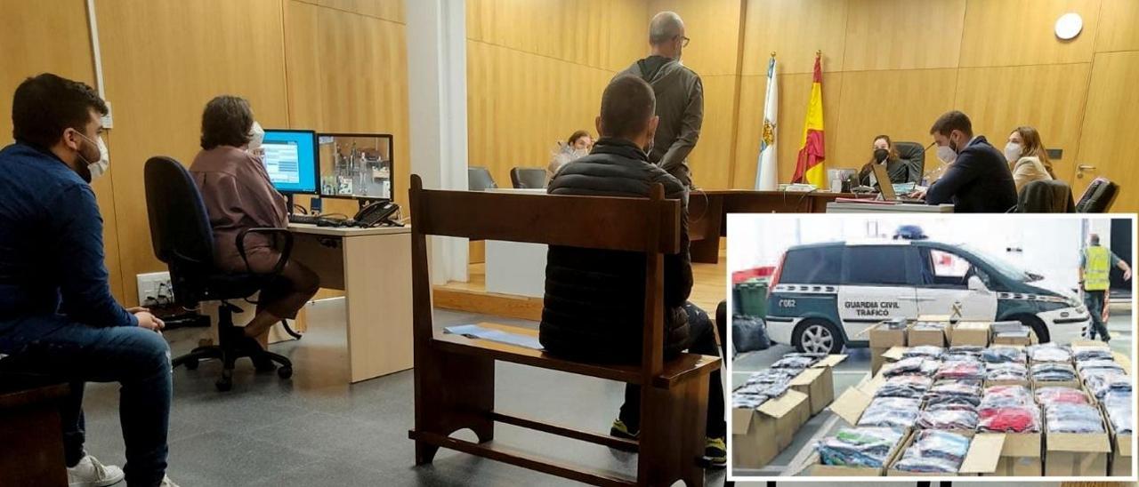 Los tres acusados, en el juicio celebrado ayer en el Penal 2 de Ourense. En la otra imagen, la mercancía incautada por Tráfico. // J. F. / G. CIVIL