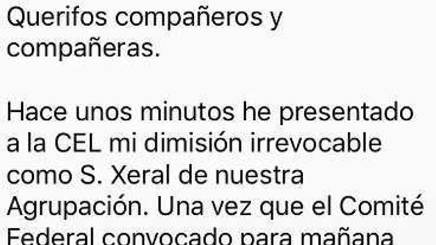 Mensaje de texto con el que Mar Barcón comunicó su dimisión a miembros del PSOE.