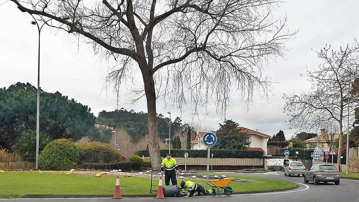 Operarios en trabajos de jardinería en la rotonda de Bastiagueiro.  | // L.O.