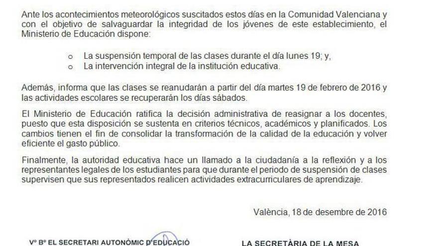 Este comunicado sobre suspensión de clases es falso y Educación lo denunciará en Fiscalía