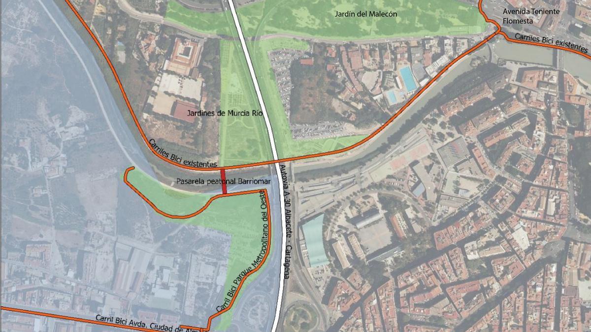 Mapa de ubicación de la futura pasarela en Murcia.