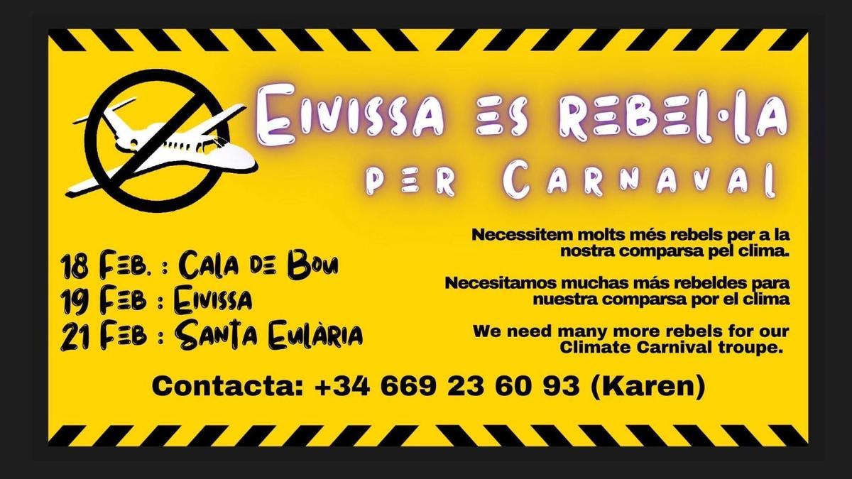En la imagen del llamamiento se ve un jet privado dentro de la señal de prohibido circular bajo el título 'Eivissa es rebela per Carnaval'.