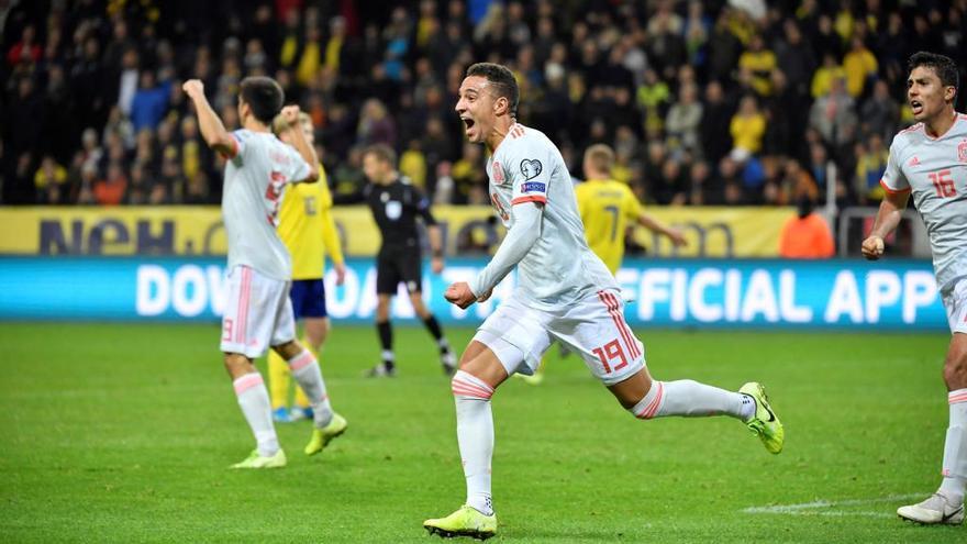 Rodrigo Moreno celebra su gol con España ante Suecia.