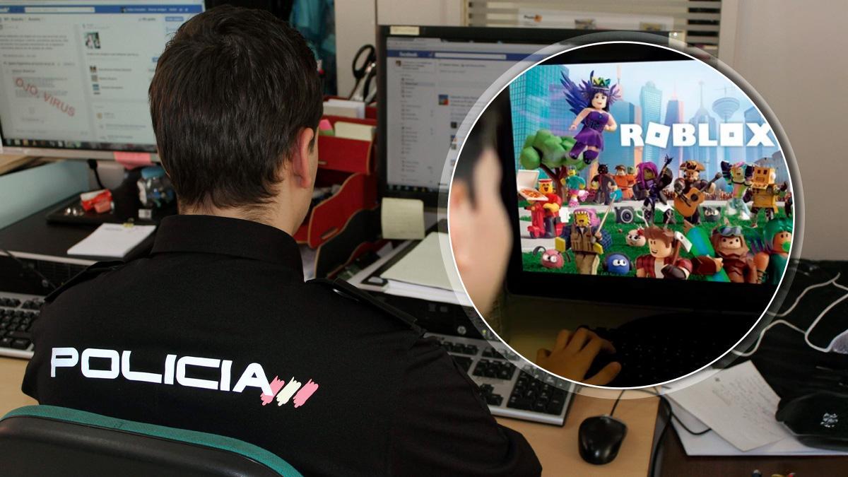 En la imagen, un agente de la Policía rastreando redes sociales. A la derecha, uno de los videojuegos on line más populares, Roblox, con diversos juegos que incluyen con chat.