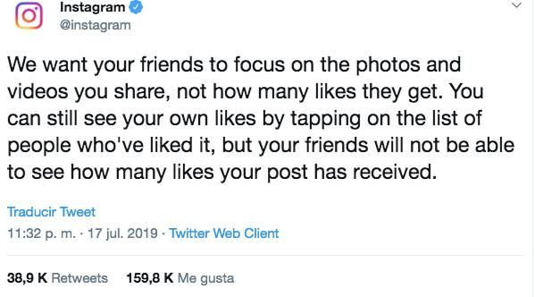 Tuit de Instagram sobre la omisión de 'likes'
